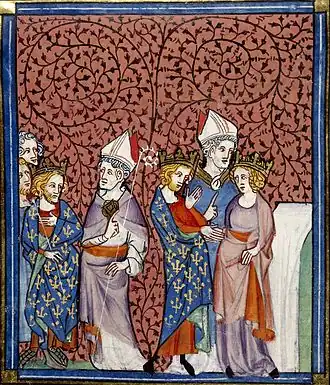 Darstellung aus den Chroniques de Saint-Denis: 1)&nbsp;Heinrich I. entsendet einen Bischof (links); 2)&nbsp;Heinrichs Hochzeit mit Anna von Kiew (rechts)