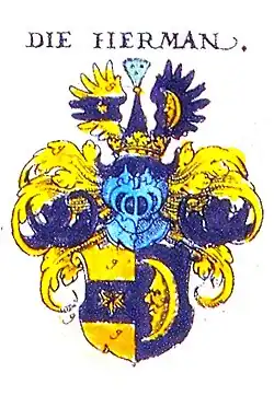 Zum Vergleich: Wappen der Herman (Hörmann von und zu Gutenberg) in Siebmachers Wappenbuch. Das vordere Feld findet sich in der Helmzier des Wappens von 1750 wieder