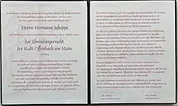 Urkunde zur Verleihung des Ehrenbürgerrechts