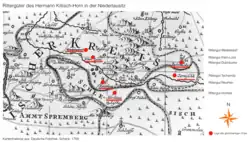 Lage der Rittergüter des Hermann Killisch-Horn in der Niederlausitz, Provinz Brandenburg, Preußen