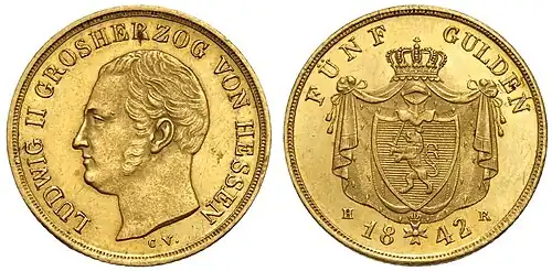 Fünf Gulden Münze Ludwig II. Großherzog von Hessen-Darmstadt (1842)