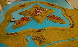 Modell der Hetlinger Schanze um 1757 (eigentlich ein aus einer provisorischen Schanze hervorgegangenes dänisches Sperrfort an der Elbe, das den Namen Schanze beibehalten hat).