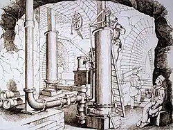 Wassersäulenmaschine im Menden-Schacht der Alten Mordgrube (Zeichnung von Eduard Heuchler 1857)