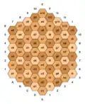 Notationsschema für das Hexagonalschach nach Schafran