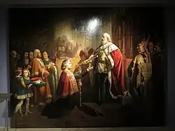 Herzog Wartislaw IX. übergibt Dr. Heinrich Rubenow die Szepter