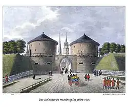 1. Steintor an der Steinstraße um 1600 (Illustration: Gebrüder Suhr, frühes 19. Jh.)