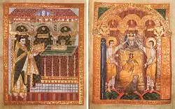 Das Kostbare Evangeliar Bischof Bernwards (hier das Widmungsbild) gehört zu den großen Zeugnissen der bernwardinischen Kunst.