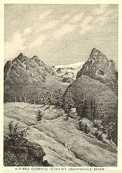 Lischanagletscher im Jahr 1922 von der Maiensäss Prui oberhalb von Ftan aus gesehen. Links vom Gletscher der Piz Lischana, rechts davon der Piz San Jon.