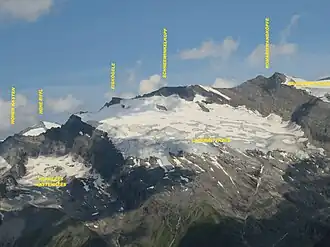 Hoher Kasten, Eiskögele, Schneewinkelkopf und Romariswandköpfe (von links nach rechts), vorn links Vorderes Kastenkees, Laperwitzkees (mittig) und rechts oben Fruschnitzkees