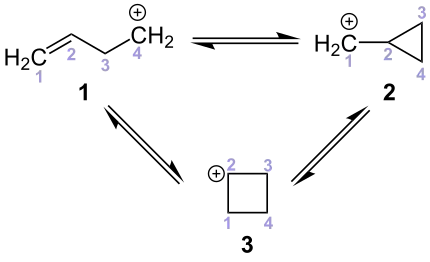 Umlagerungen zwischen einem Homoallyl-Carbeniumion (1), einem Cyclopropan-Carbeniumion (2) und einem Cyclobutan-Carbeniumion (3)
