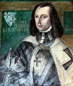 Gemälde des Auftraggebers der Kirche Carl Heinrich von Hornstein an der inneren Nordwand der Kirche