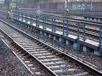 Vorn ein S-Bahn-Gleis; dahinter die Fernbahn mit der unterirdischen Brücke