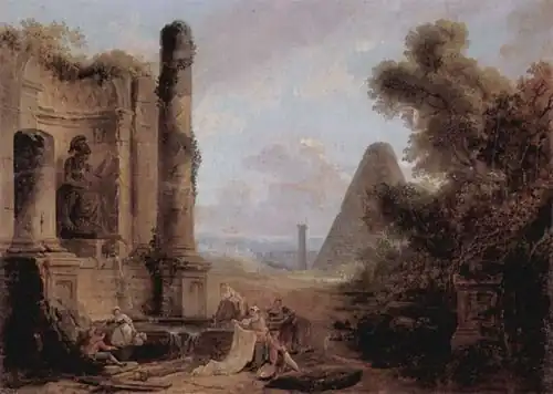 Hubert Robert, fantastische Landschaft mit Ruinen, 1760–1770.