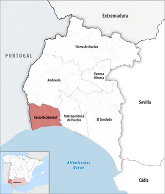 Die Lage der Comarca Costa Occidental in der Provinz Huelva