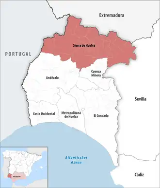 Die Lage der Comarca Sierra de Huelva in der Provinz Huelva