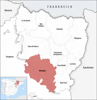 Die Lage der Comarca Monegros in der Provinz Huesca