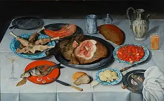 Stillleben mit einer Fischmahlzeit, Schinken und Kirschen (Jacob van Hulsdonck)