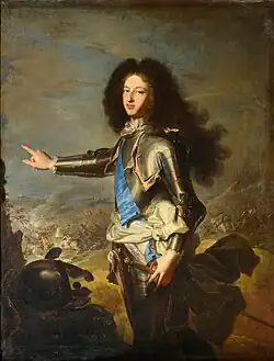 Hyacinthe Rigaud: Louis de Bourbon, duc de Bourgogne (1682–1712), 1704. Der Dauphin ist hier als Held in Rüstung abgebildet – bei den allzu häufigen Kriegen kein ganz seltener Anblick.
