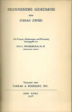 Brennendes Geheimnis, Ausgabe bei Farrar & Rinehart für US-amerikanische Studenten der Germanistik (Einband und Titelblatt)