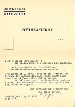 IB-Bestellkarte des Insel Verlags für den Buchhandel vom April 1935