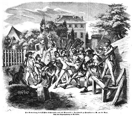 Die Ermordung des Fürsten Lichnowsky und des Generals v. Auerswald zu Frankfurt a.&nbsp;M. am 18. Sept., Holzstich, nach Wilhelm Völker, aus: Titelblatt der Illustrirten Zeitung vom 14. Oktober 1848[9]