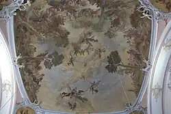 Predigt des Johannes des Täufers, unten Engel mit Spruchband und Chronogramm