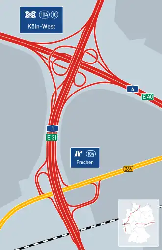 Übersichtskarte Autobahnkreuz Köln-West