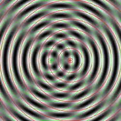 Abbildung 1: Simulierte Interferenz von zwei kreisförmigen Wellengruppen gleicher Wellenlänge und Amplitude