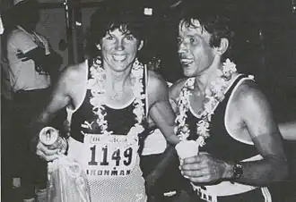 Hanni Zehendner (links) und Joachim Fischer beim Ironman Hawaii 1984