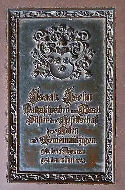 Isaak Iselin (1728–1782) Geschichtsphilosoph, Ratsschreiber, Stifter. Epitaphien (Grabtafeln) im gotischen Doppelkreuzgang (15. Jh.) des Basler Münster.