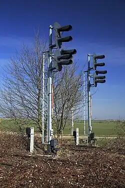 Seitenansicht mit Schu­ten, hinter den Signal­masten stehen die nach­träg­lich aufge­stellten Relais­kästen für die Gleis­magnet­steuer­relais