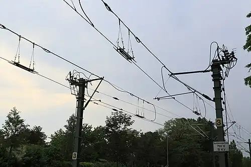 Straßenbahn­stre­cken­tren­ner, mit den Mast­schal­tern können der neutrale und der geerdete Abschnitt mit Gleichspannung versorgt werden, wenn ein Zug in der Systemtrennstelle zum stehen kommt.