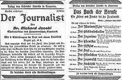 Zeitungsanzeigen im Hannoverschen Courier für Richard Jacobis Buch Der Journalist von 1902