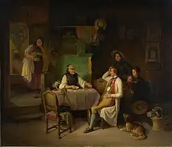 Die Familie ist versammelt um den Tisch in der Stube. Am Tisch legt eine alte Frau Karten aus. Der Vater lehnt sich, von der Vorhersage erschreckt, zurück.