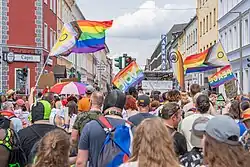 Das Foto zeigt den Demomarsch aus Sicht eines Teilnehmenden mit Mischen und wehenden Fahnen im Blickfeld