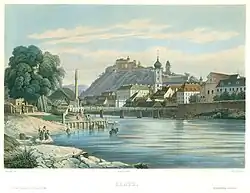 Blick muraufwärts um 1850, rechts die Kirche des Karmelitinnenklosters