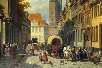 Braunschweiger Trachten in einer Straßenszene der Stadt Braunschweig, Gemäldeausschnitt von Jacques Carabain, 19.&nbsp;Jahrhundert.
