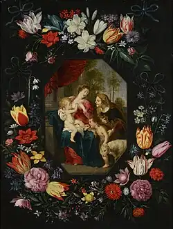 Gemeinsam mit Frans Wouters: Madonna mit Kind und den Hl. Elisabeth und Johannes d. Täufer in einer Girlande, 1640er Jahre, Öl auf Kupfer, 67,5 × 51,0 cm, Privatsammlung. Die Blumenumrahmung ist von Jan Brueghel d.&nbsp;J.