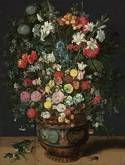 Blumen in einem skulptierten Keramiktopf, um 1630, Öl auf Holz, 123,2 × 94 cm, Privatsammlung. Ein wahrscheinlich selbständiges Blumenstillleben in der Art später Werke seines Vaters.