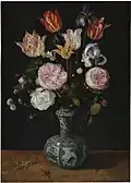 Blumen in einer Wan-Li Vase, ca. 1609–1615, Öl auf Holz, 47 × 35 cm, Prado, Madrid. Dieser Kompositionstyp mit der kleinen chinesischen Vase war sehr erfolgreich, es existieren etwa 10 Varianten oder (nicht immer eigenhändige) Kopien.[29]