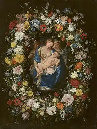 Jan Brueghel d. Ä. und Giulio Cesare Procaccini: Madonna mit Kind und Engel im Blumenkranz, ca. 1619, Öl auf Kupfer, 48 × 36 cm, Prado, Madrid