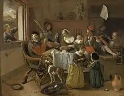 Jan Steen Die fröhliche Familie, 1668, Öl auf Leinwand, 110,5 × 141&nbsp;cm, Rijksmuseum Amsterdam ↓
