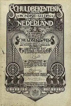 4,5 % Staatsanleihe der Niederlande über 100 Gulden, ausgegeben am 1. Februar 1918 in ’s-Gravenhage, gestaltet im holländischen Jugendstil von Jan Toorop