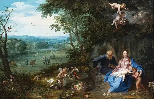 Gemeinsam mit Pieter van Avont: Ruhe auf der Flucht nach Ägypten, um 1629, Öl auf Holz, 55,5 × 85,5 cm, Privatsammlung (bei Christie’s, 7. Juli 2022)