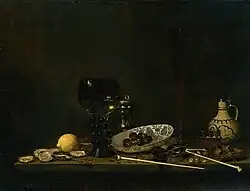 Jan Jansz. van de Velde Stillleben mit Austern, Wein und Rauchwerkzeug, 1651, Öl auf Leinwand, 69 × 89,5&nbsp;cm, Rijksmuseum Amsterdam