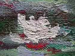 Z. T. pastoser und z. T. dünner Farbauftrag, bei dem die grobe Leinwand durchscheint. Claude Monet: Japanische Brücke, 1899. Detail.