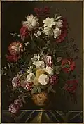 Bouquet mit Rosen, Malven, Mohn und Lilien in einer Relief-Vase, ca. 1650, Öl auf Leinwand, 101 × 70 cm, Nationalmuseum Warschau