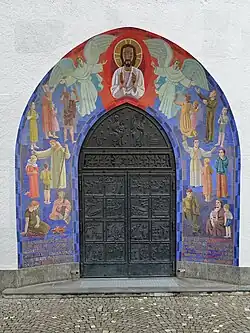 Hauptportal, Stadtkirche St. Nikolaus, Wil SG (Mosaike von Karl Peterli und Jean Kern), 1933