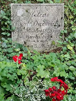 Der graue quadratische Grabstein ist von grünen Pflanzen umgeben. Die Inschrift ist schlecht erkennbar.