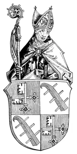 Joachim I. (1441–1507), Bischof von Brandenburg, Holzschnitt im Messbuch des Bistums Brandenburg um 1480